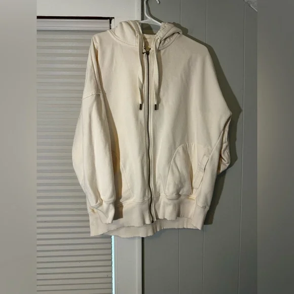 American Eagle Cream Oversized Zip Up Hoodie Medium Cozy Athleisure - Picture 2 of 6